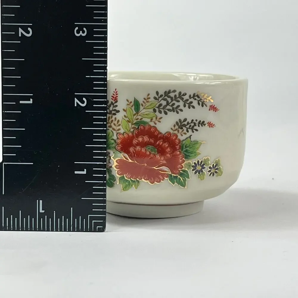 Vintage Japanese Sake Tea Cup Gold Leaf Haiku Floral Replacement Kutani 1960s